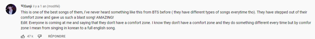 This Image going to show Army BTS FANS an comment about the Music Dynamite from a Fan named Eunji last 2020s about they performances and they progress that's been shown during all the years for they fans !